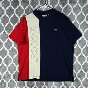 Lacoste Polo Shirt Mens 2XL Navy Red White Regular Fit Colorblock Spell Out Logo